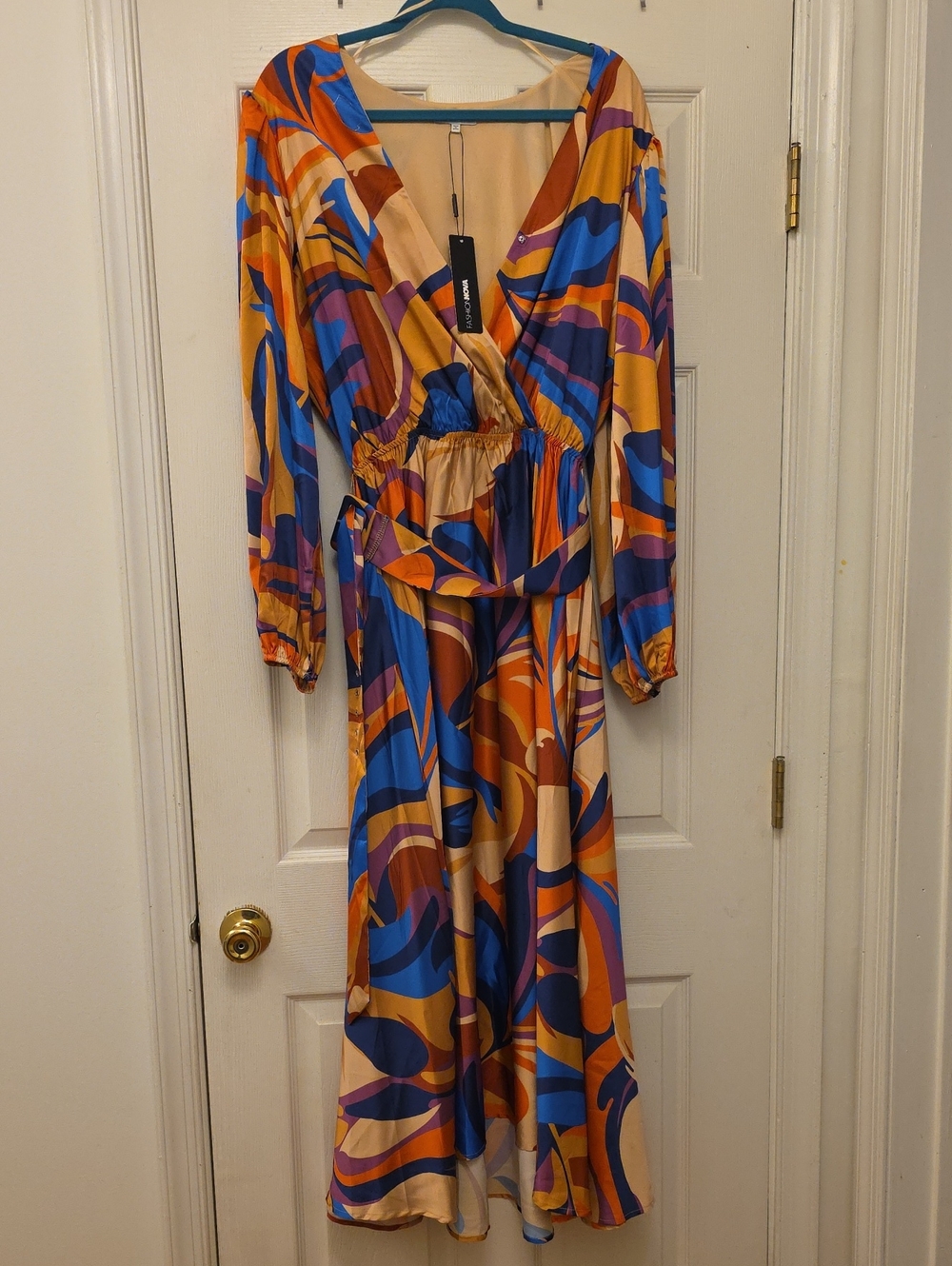 Fashion Nova Tahiti Satin Maxi Dress in Orange, Blue & Purple Combo